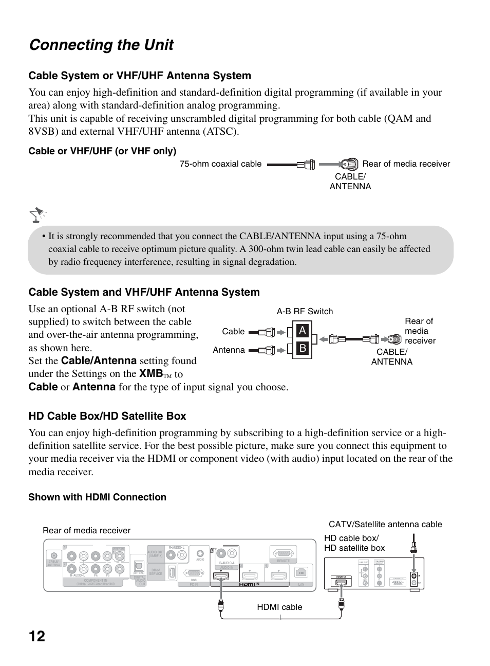 Connecting the unit, 12 connecting the unit, Cable or vhf/uhf (or vhf only) | Shown with hdmi connection | Sony KDL-46XBR10 User Manual | Page 12 / 56