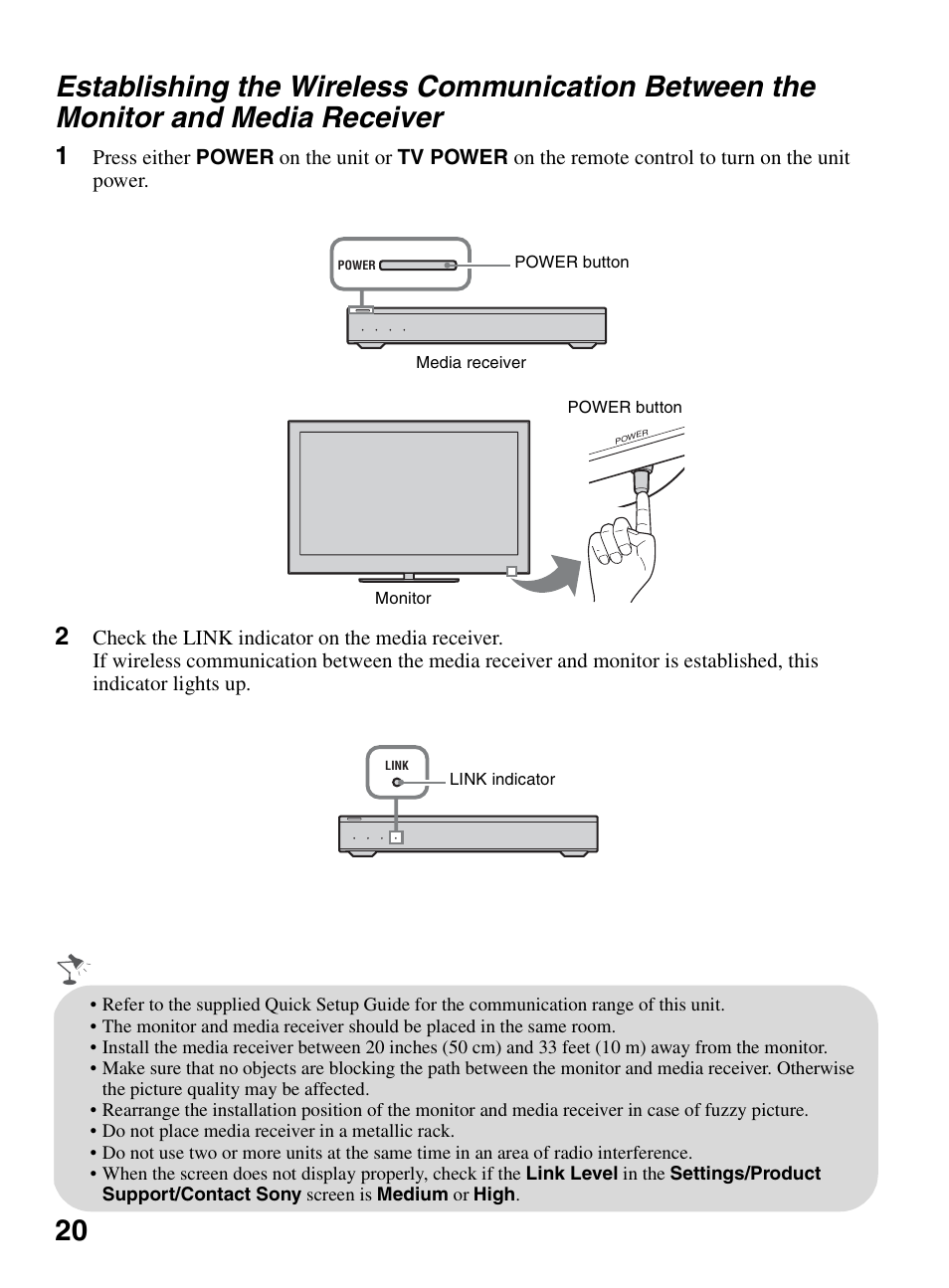 Establishing the wireless communication, Between the monitor and media receiver | Sony KDL-46XBR10 User Manual | Page 20 / 56