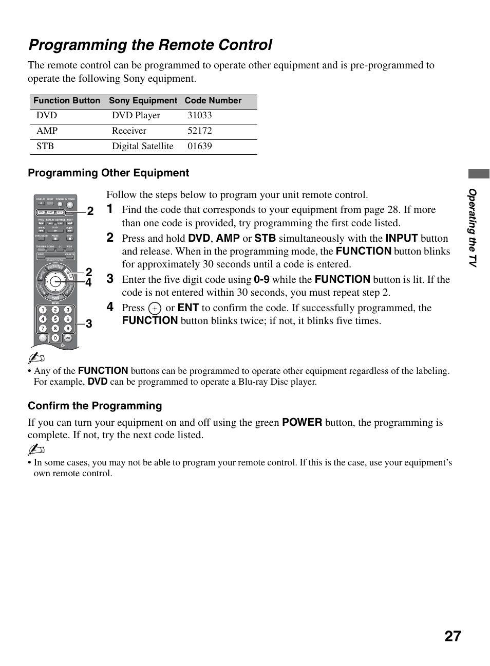 Programming the remote control, 27 programming the remote control | Sony KDL-46XBR10 User Manual | Page 27 / 56
