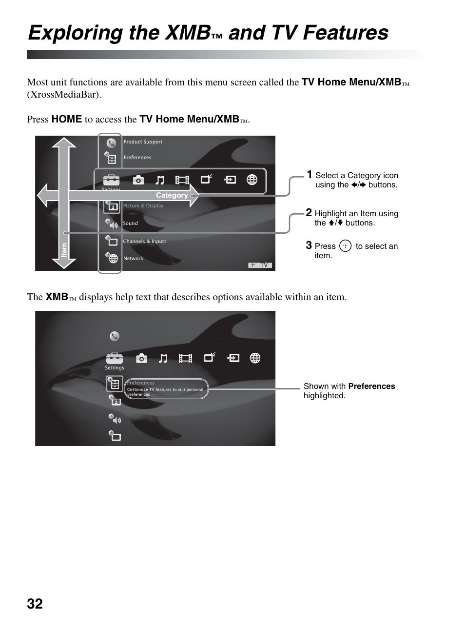 Exploring the xmb™ and tv features, Exploring the xmb, And tv | Features, And tv features | Sony KDL-46XBR10 User Manual | Page 32 / 56