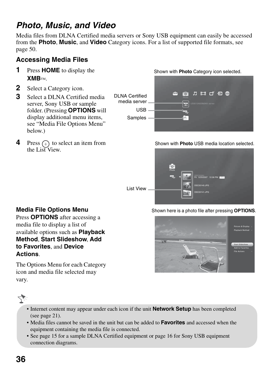 Photo, music, and video, 36 photo, music, and video, Accessing media files | Press home to display the xmb, Select a category icon | Sony KDL-46XBR10 User Manual | Page 36 / 56