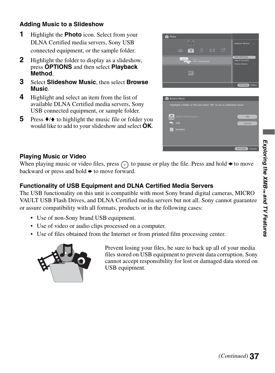 Adding music to a slideshow, Select slideshow music , then select browse music | Sony KDL-46XBR10 User Manual | Page 37 / 56
