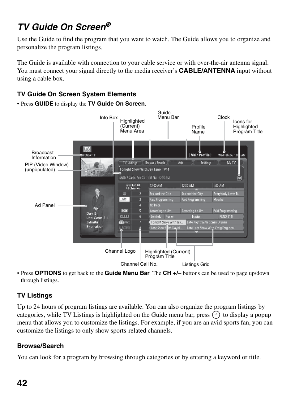 Tv guide on screen, 42 tv guide on screen | Sony KDL-46XBR10 User Manual | Page 42 / 56