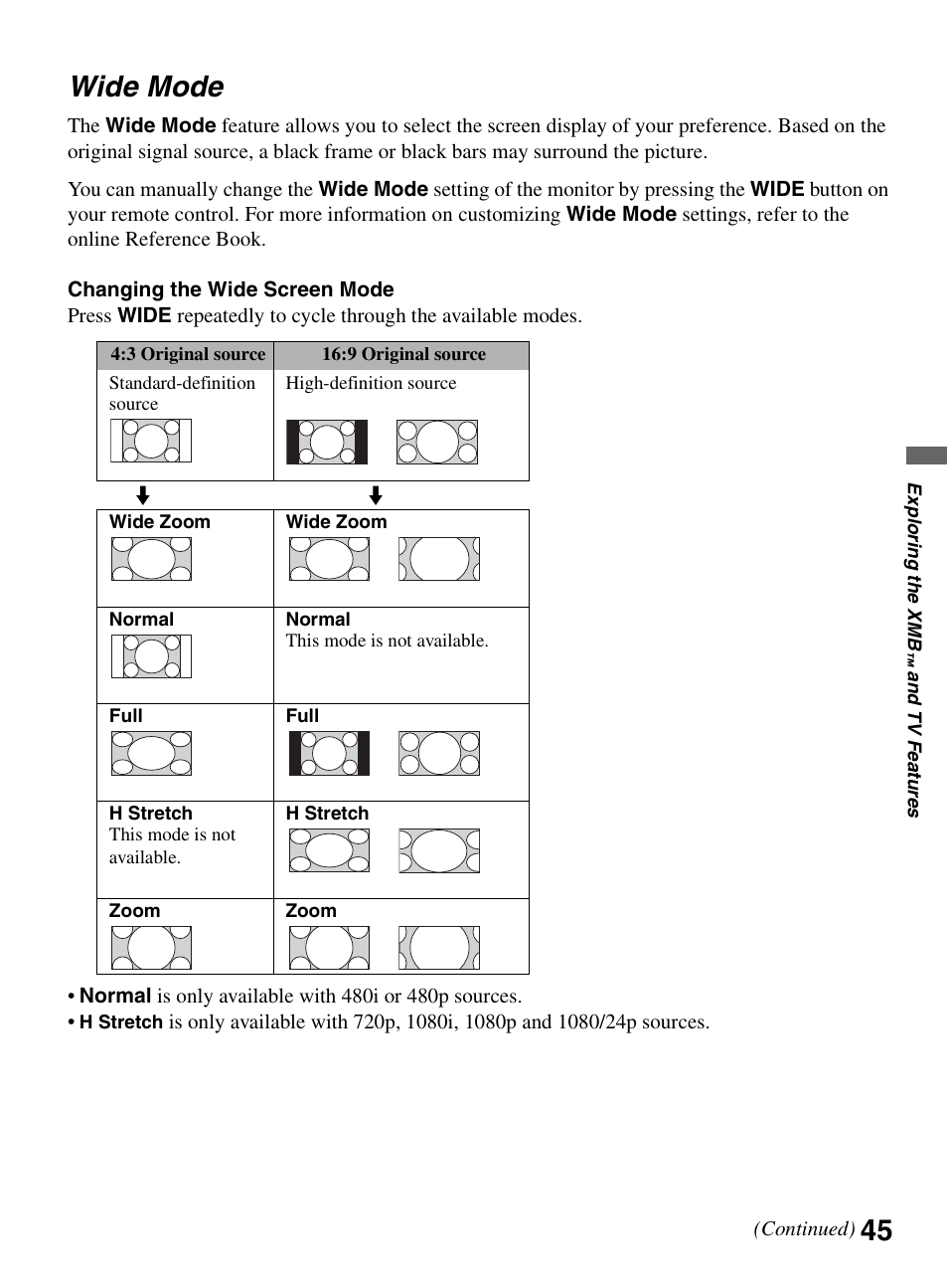 Wide mode, 45 wide mode | Sony KDL-46XBR10 User Manual | Page 45 / 56