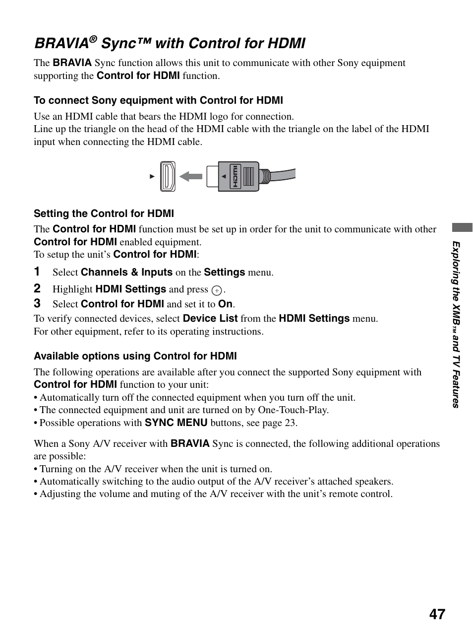Bravia® sync™ with control for hdmi, Bravia, Sync™ with control for hdmi | 47 bravia | Sony KDL-46XBR10 User Manual | Page 47 / 56