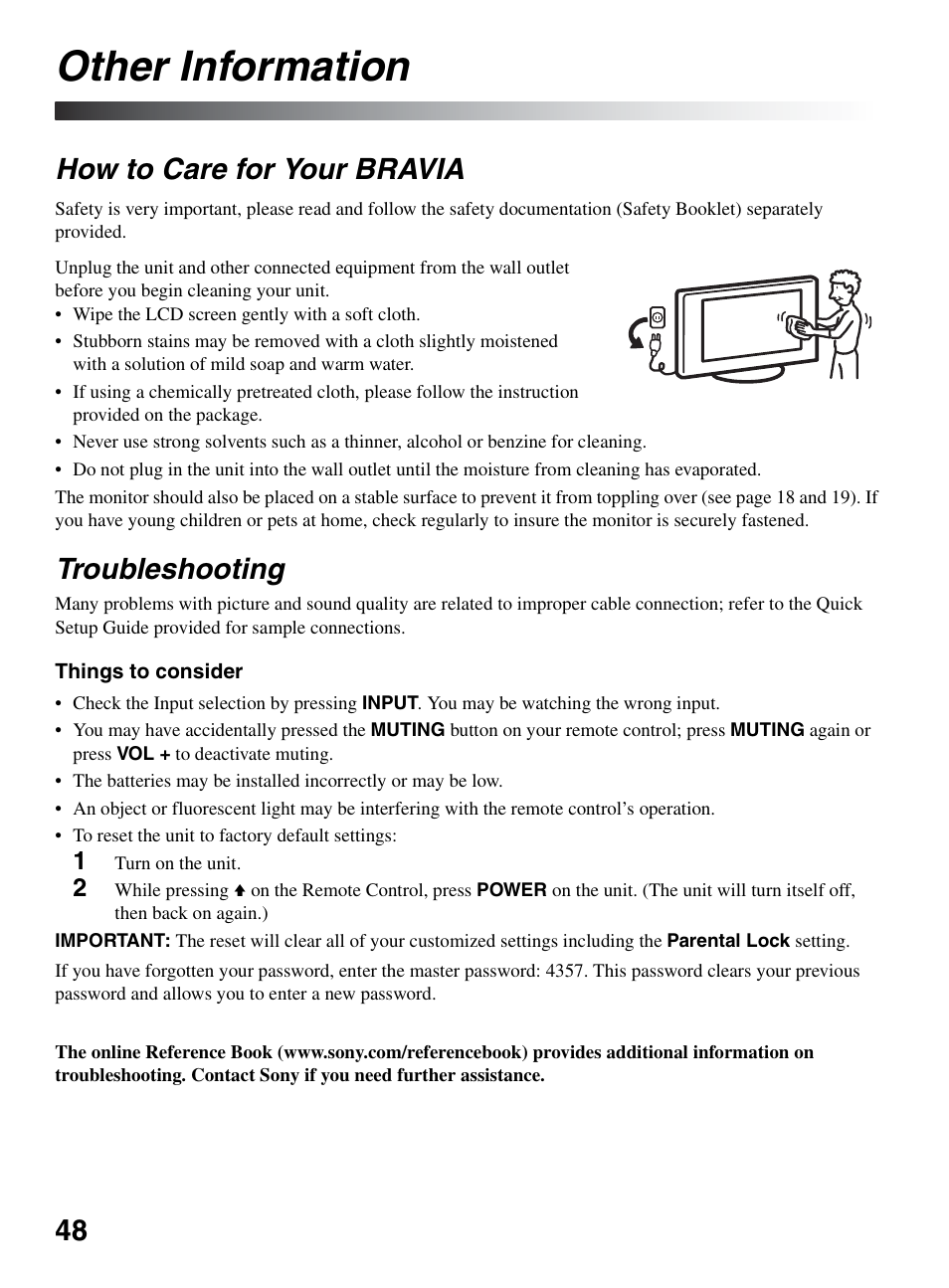 Other information, How to care for your bravia, Troubleshooting | How to care for your bravia troubleshooting | Sony KDL-46XBR10 User Manual | Page 48 / 56