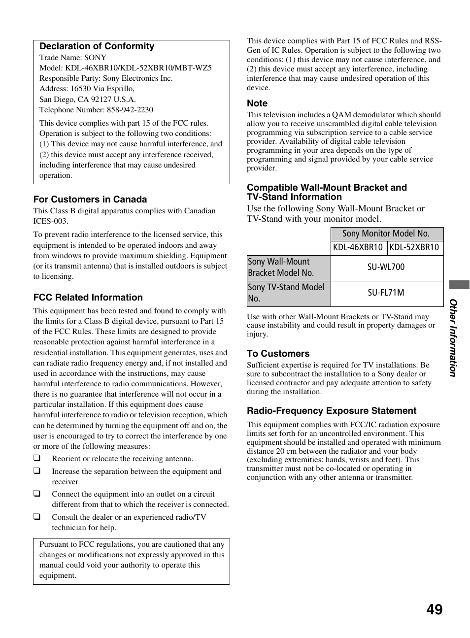 Sony KDL-46XBR10 User Manual | Page 49 / 56