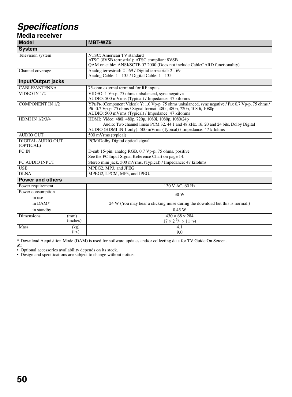 Specifications, 50 specifications, Media receiver | Sony KDL-46XBR10 User Manual | Page 50 / 56