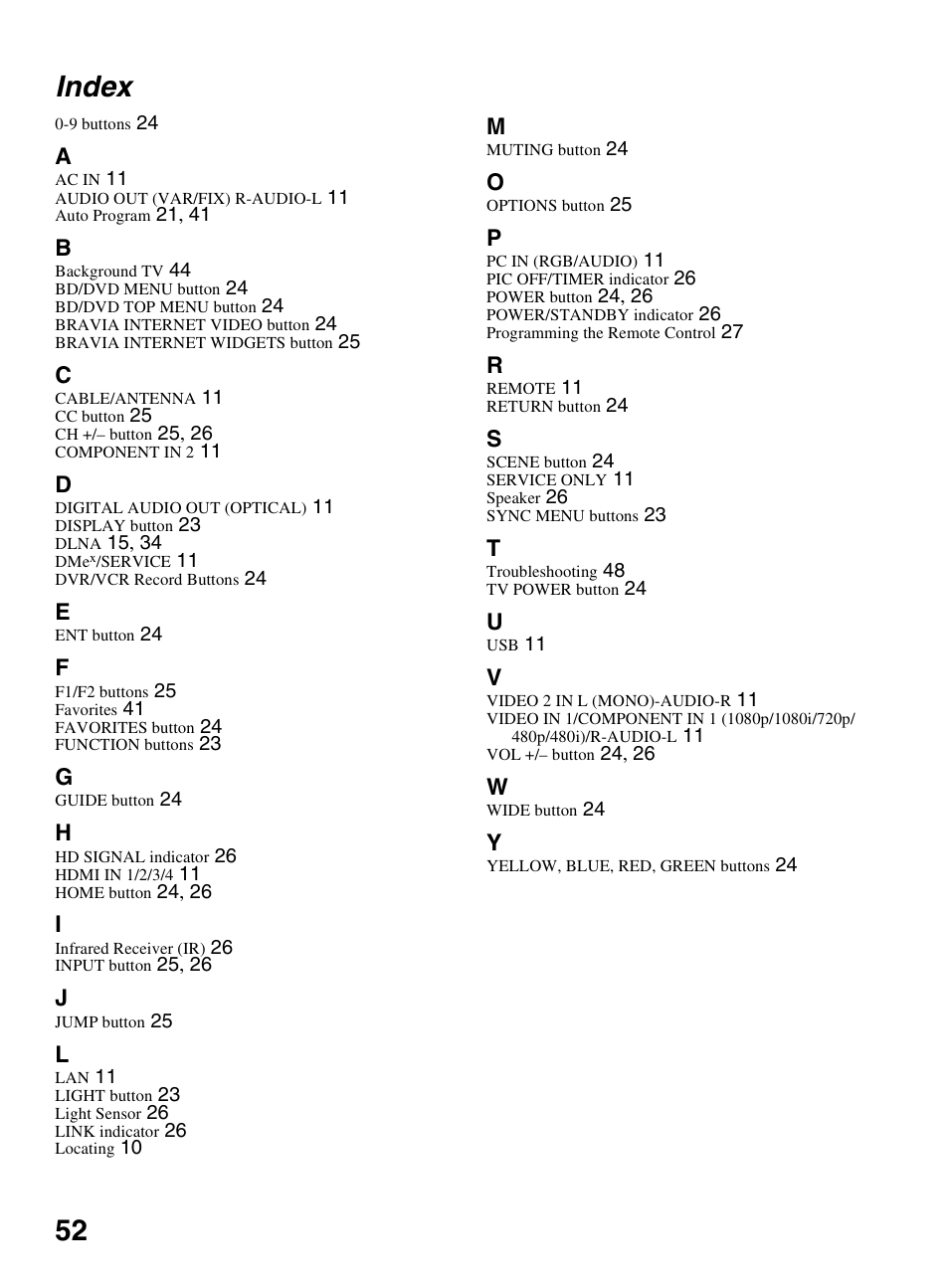 Index, 52 index | Sony KDL-46XBR10 User Manual | Page 52 / 56