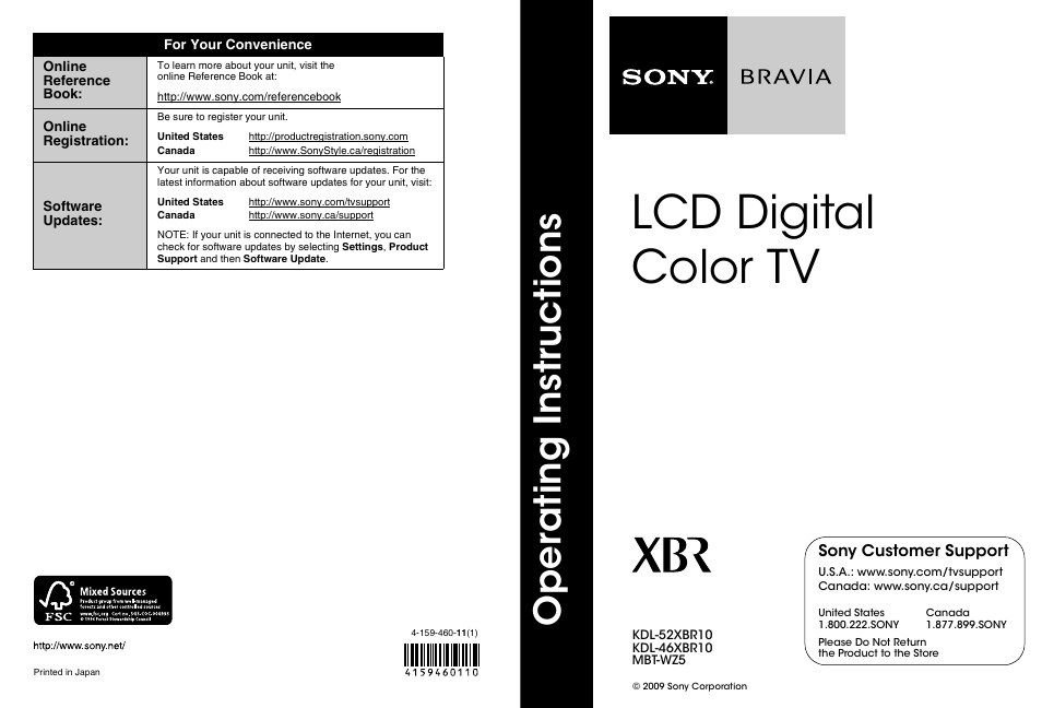 Lcd digital color tv, Op e ra tin g in st ru c tio n s | Sony KDL-46XBR10 User Manual | Page 56 / 56