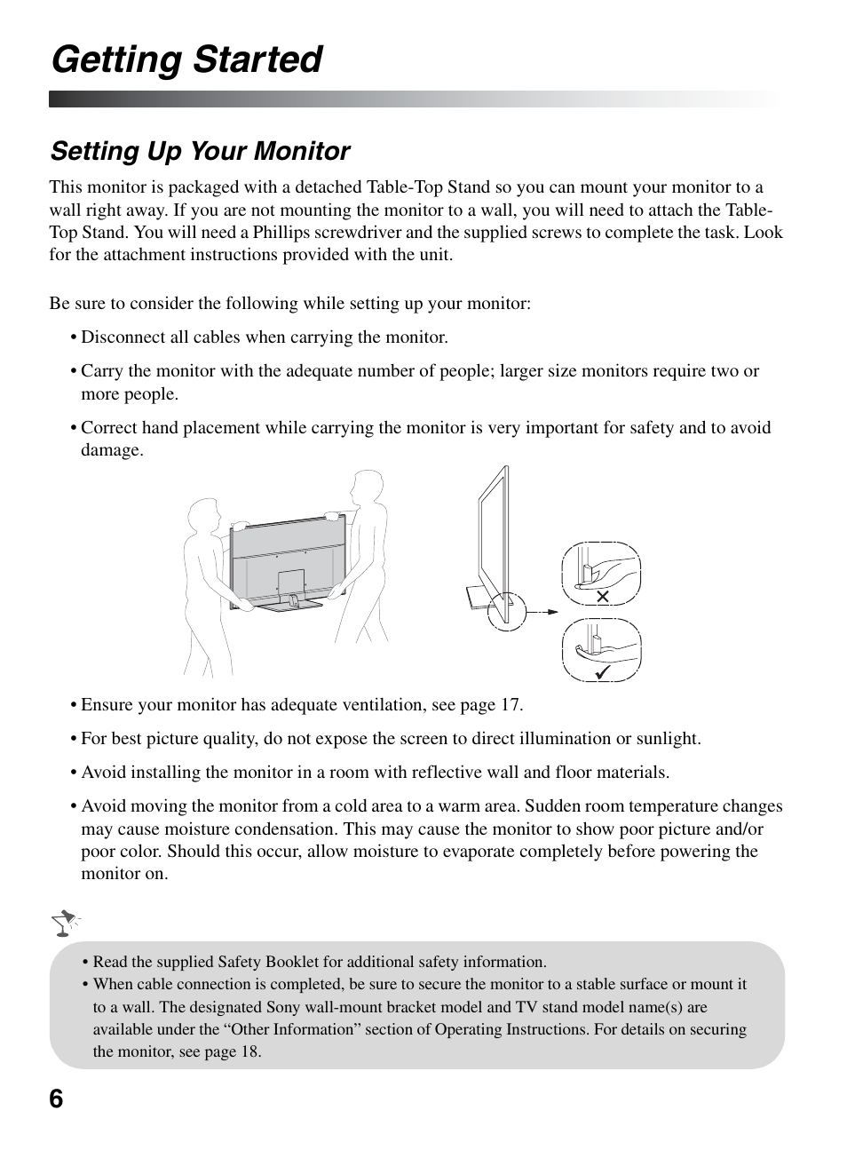Getting started, Setting up your monitor | Sony KDL-46XBR10 User Manual | Page 6 / 56