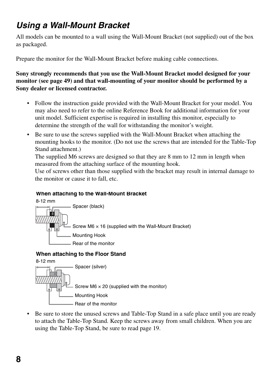 Using a wall-mount bracket, 8using a wall-mount bracket | Sony KDL-46XBR10 User Manual | Page 8 / 56