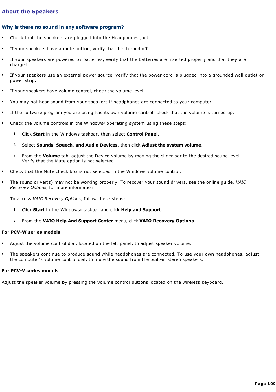 Why is there no sound in any software program | Sony PCV-V200G User Manual | Page 109 / 131