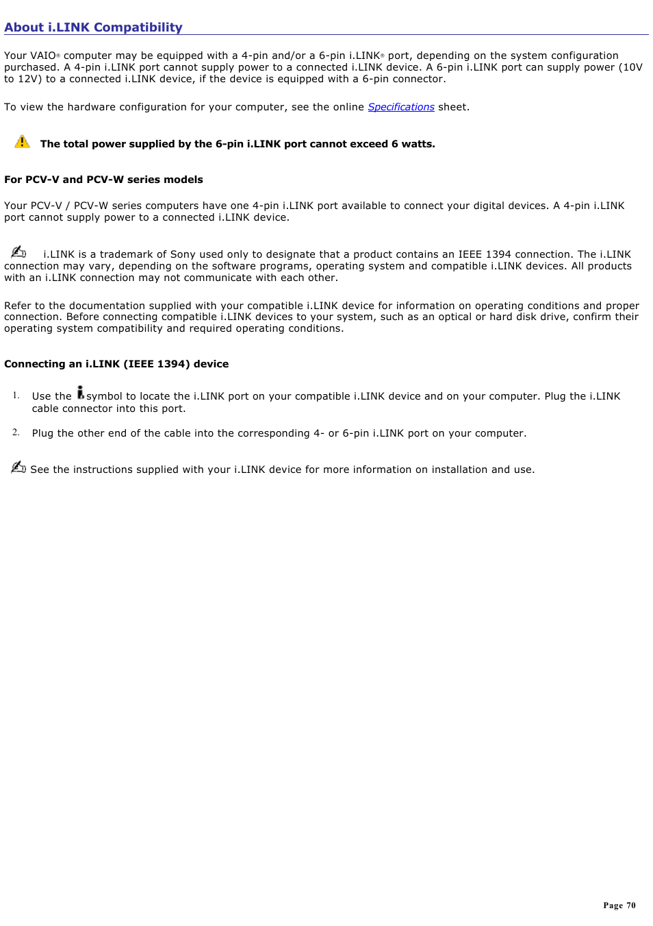 About i.link compatibility | Sony PCV-V200G User Manual | Page 70 / 131