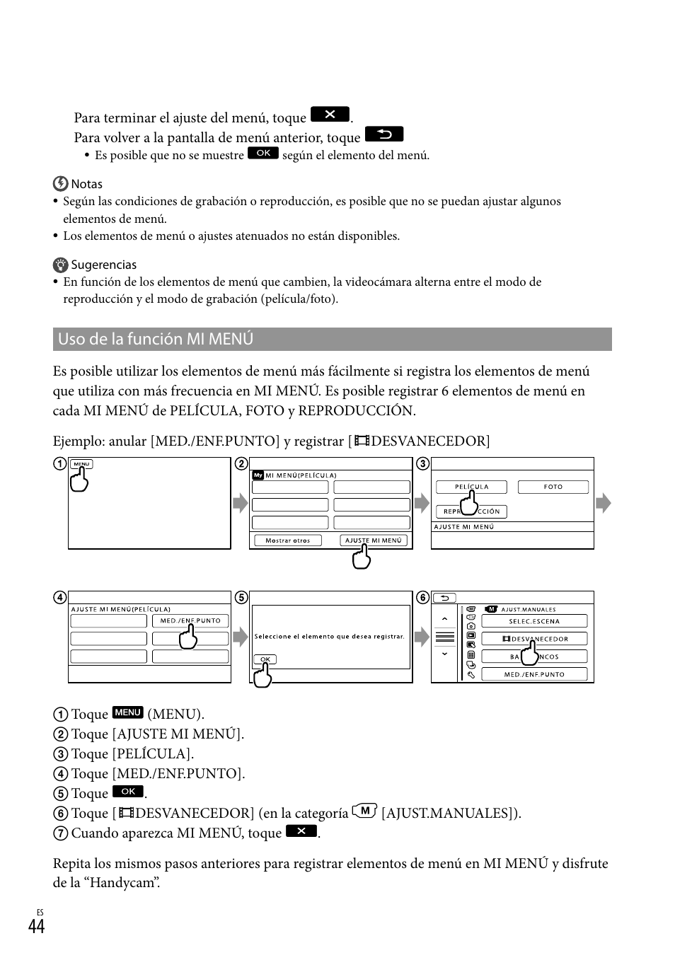 Uso de la función mi menú | Sony DCR-SX83 User Manual | Page 106 / 124