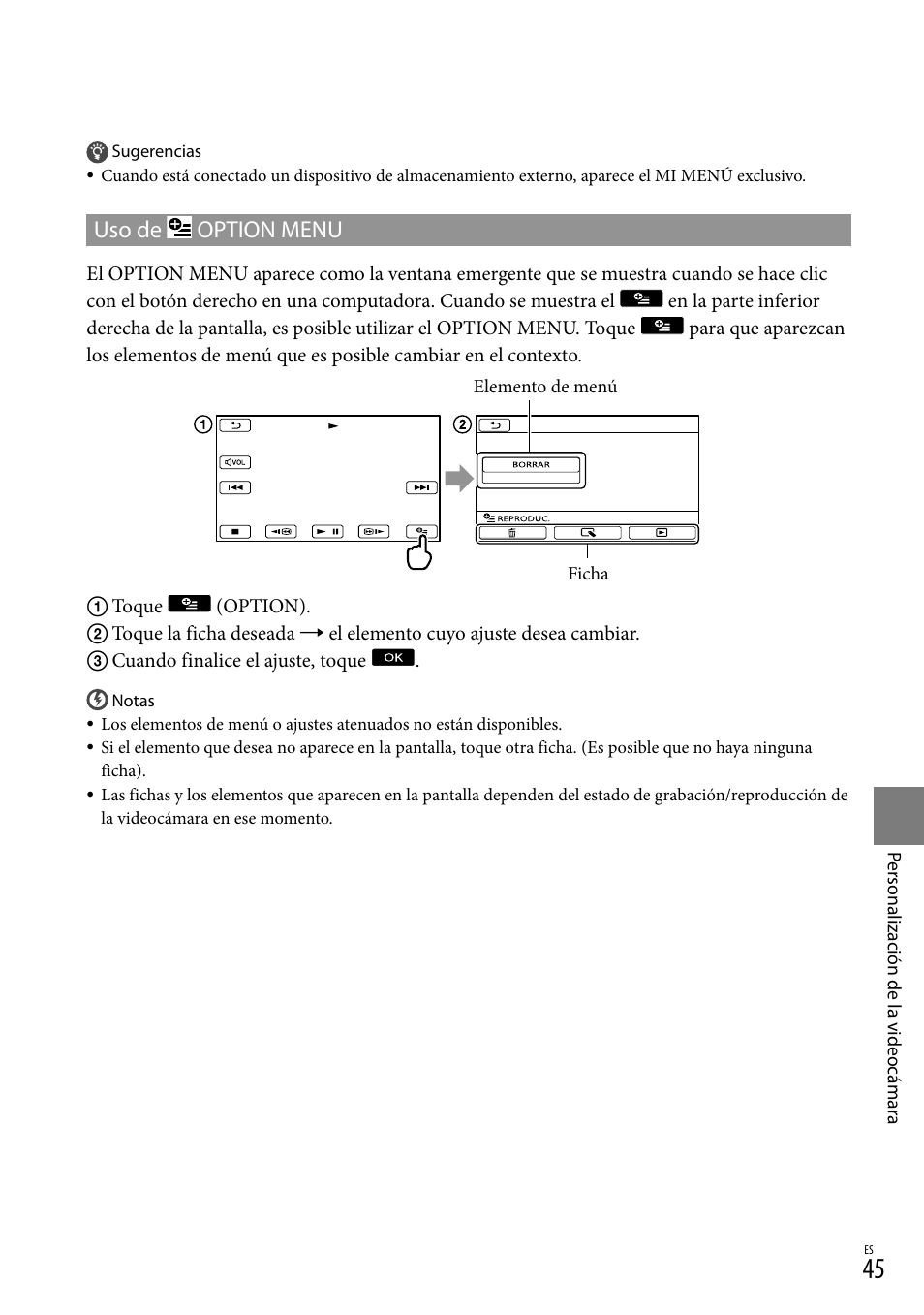 Uso de option menu | Sony DCR-SX83 User Manual | Page 107 / 124