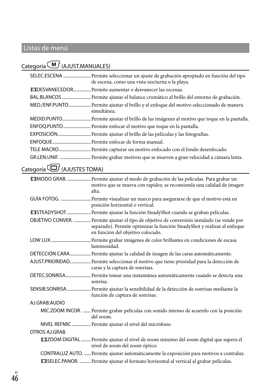 Listas de menú | Sony DCR-SX83 User Manual | Page 108 / 124