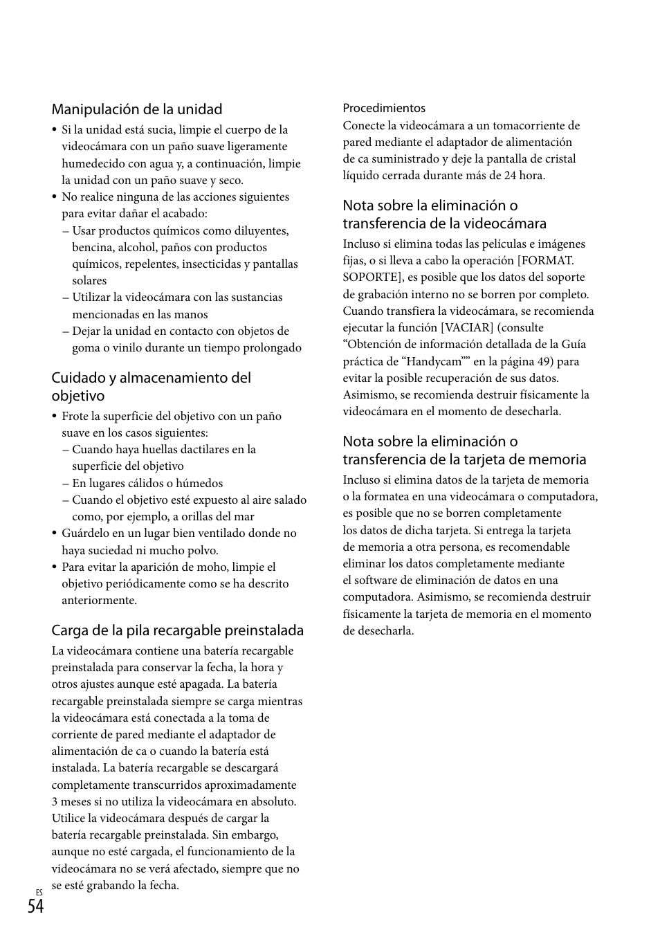 Manipulación de la unidad, Cuidado y almacenamiento del objetivo, Carga de la pila recargable preinstalada | Sony DCR-SX83 User Manual | Page 116 / 124