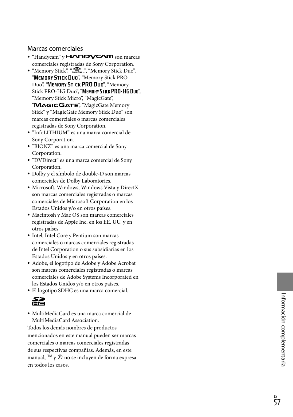 Marcas comerciales | Sony DCR-SX83 User Manual | Page 119 / 124
