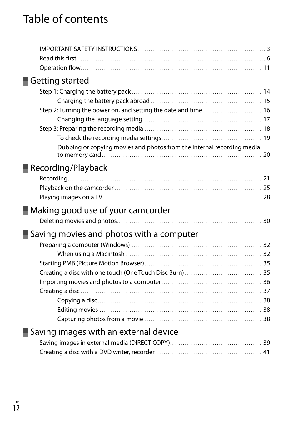 Sony DCR-SX83 User Manual | Page 12 / 124