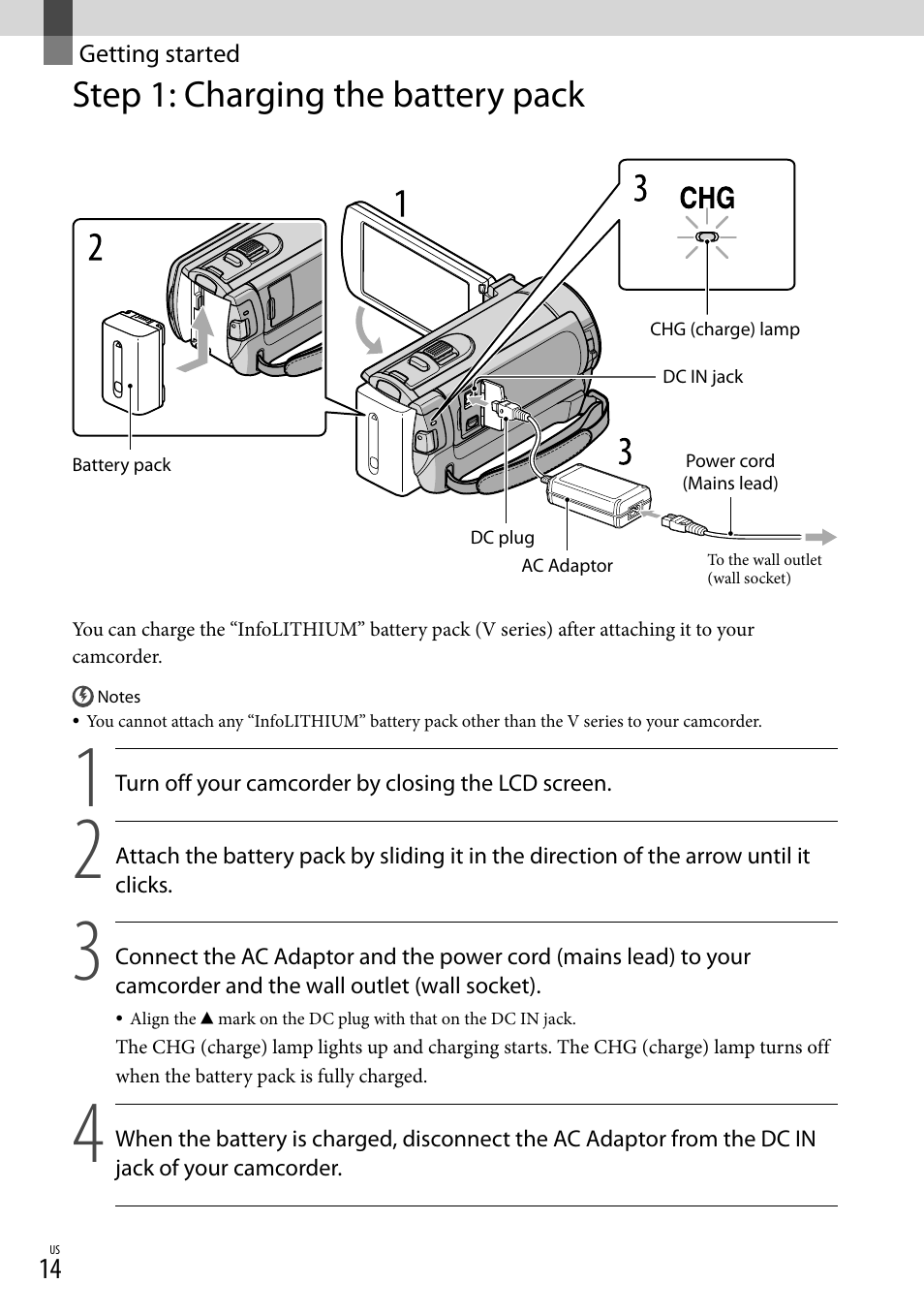 Getting started, Step 1: charging the battery pack | Sony DCR-SX83 User Manual | Page 14 / 124