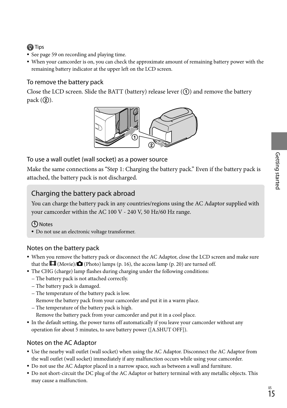Charging the battery pack abroad | Sony DCR-SX83 User Manual | Page 15 / 124