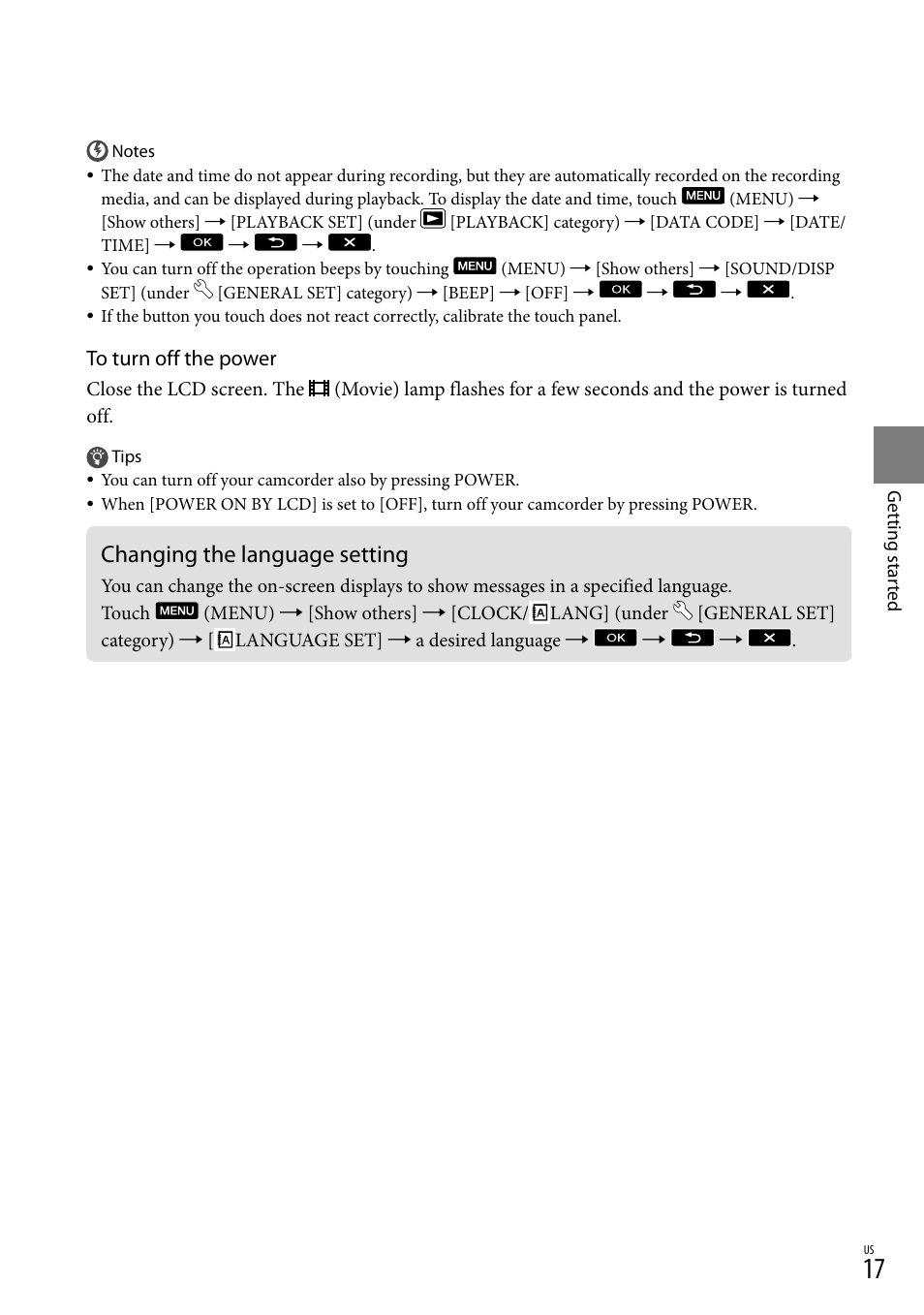 Changing the language setting | Sony DCR-SX83 User Manual | Page 17 / 124