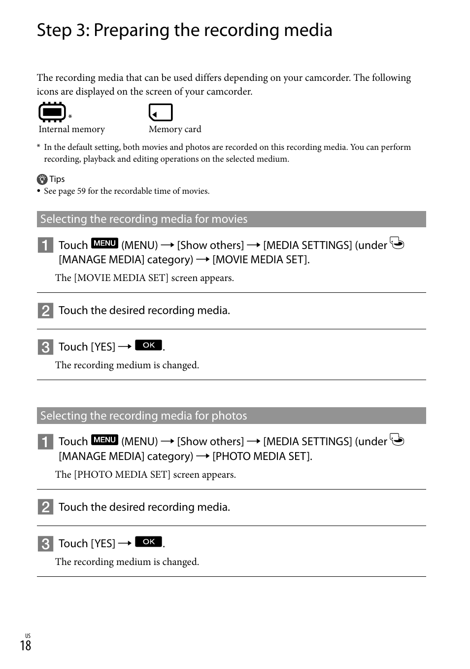 Step 3: preparing the recording media | Sony DCR-SX83 User Manual | Page 18 / 124