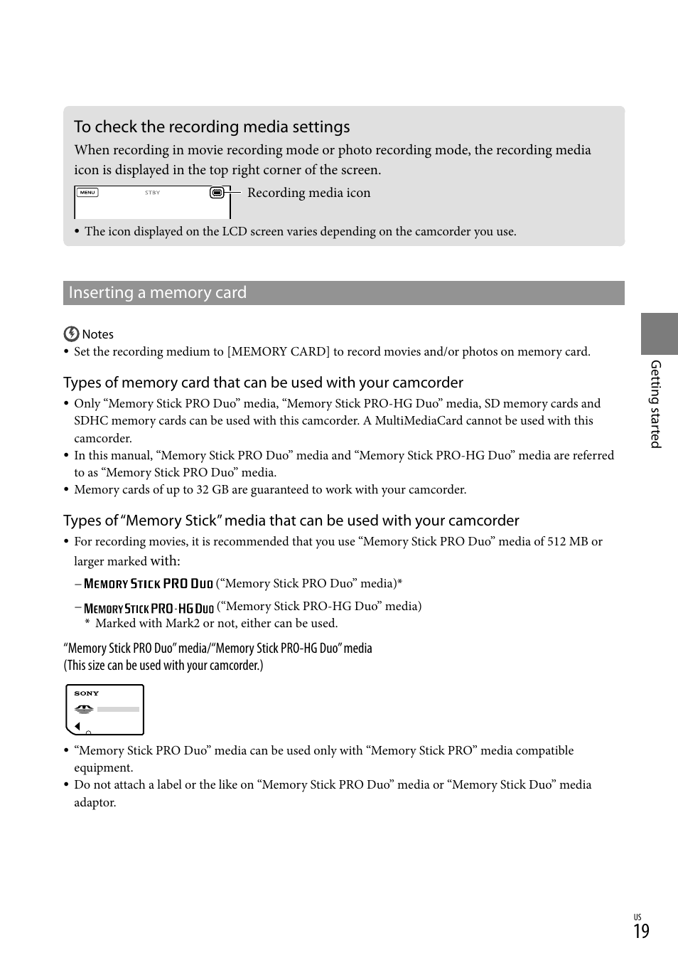 To check the recording media settings | Sony DCR-SX83 User Manual | Page 19 / 124