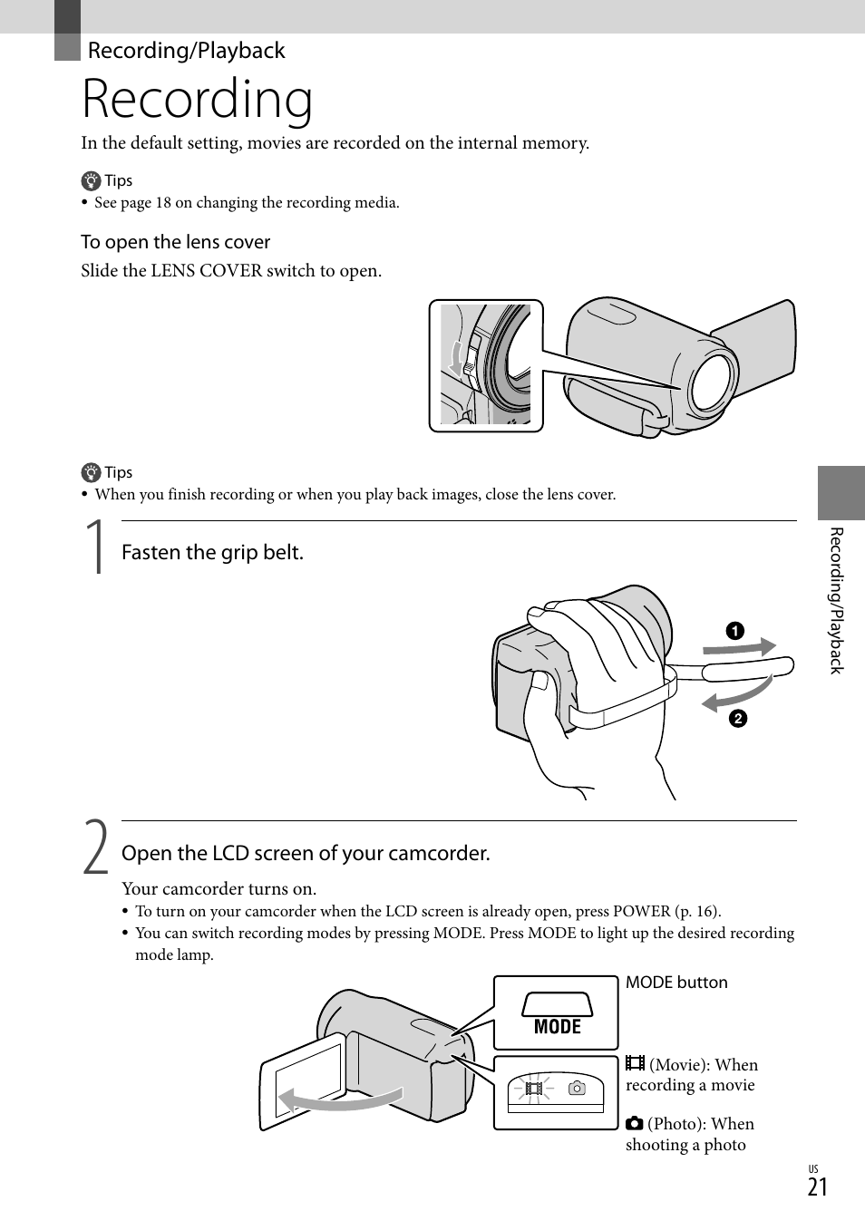 Recording/playback, Recording | Sony DCR-SX83 User Manual | Page 21 / 124