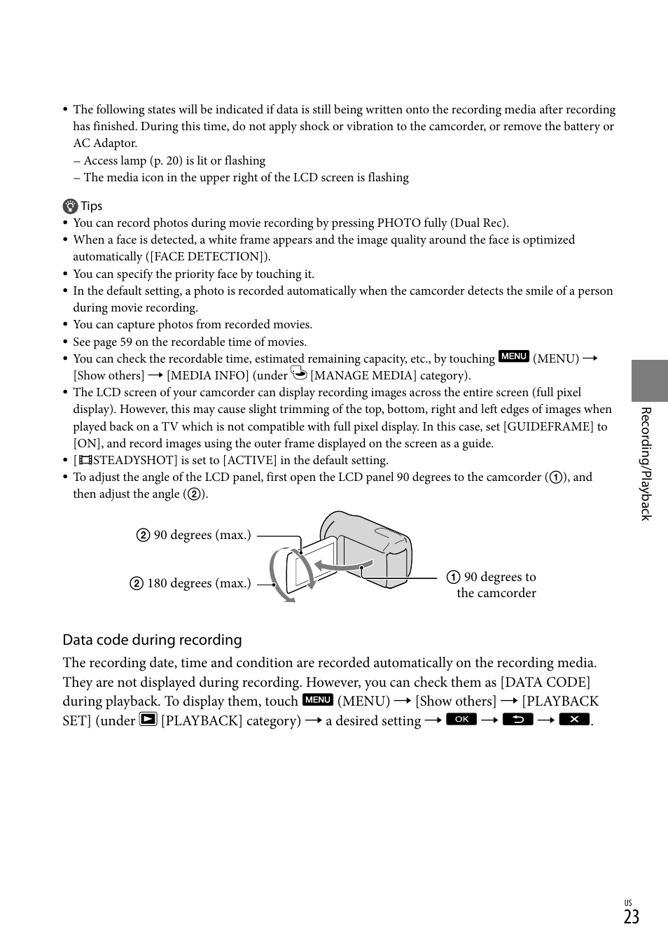Data code during recording | Sony DCR-SX83 User Manual | Page 23 / 124