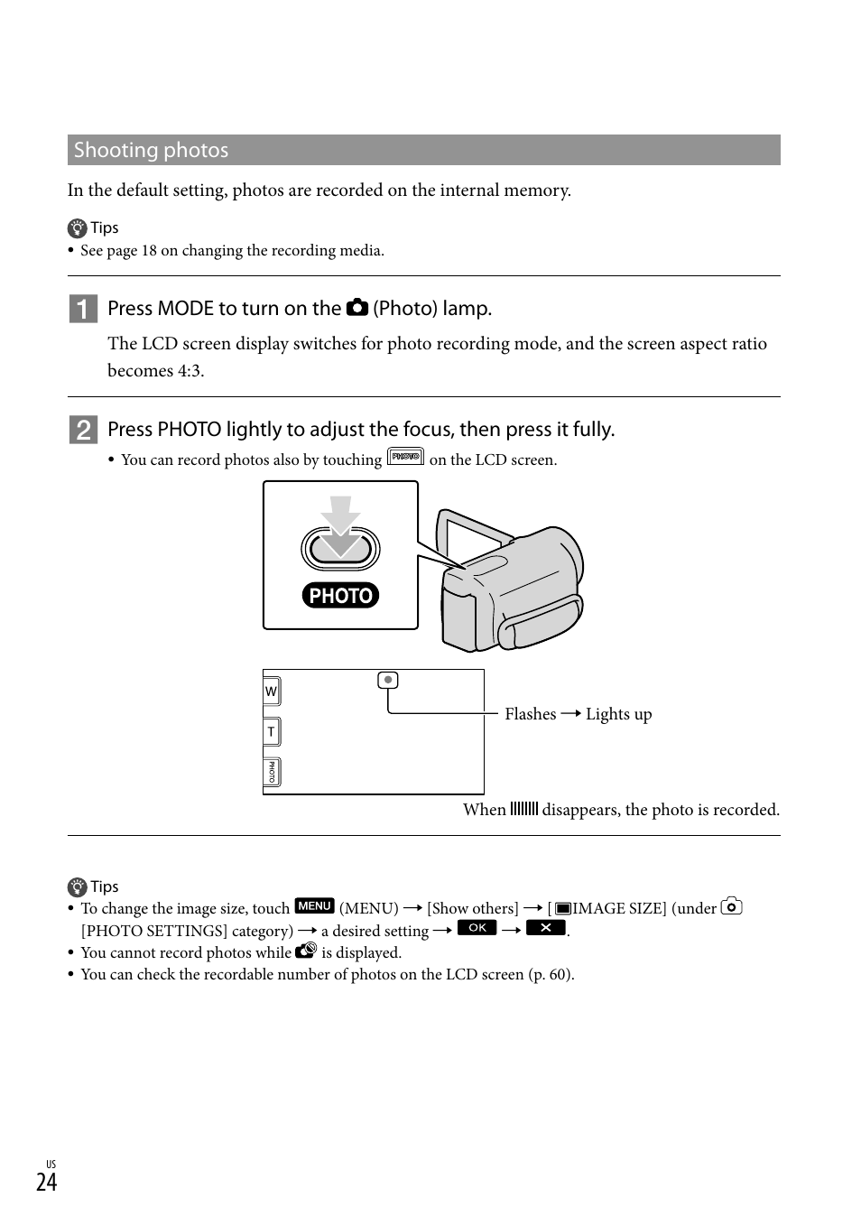 Shooting photos, Press mode to turn on the (photo) lamp | Sony DCR-SX83 User Manual | Page 24 / 124