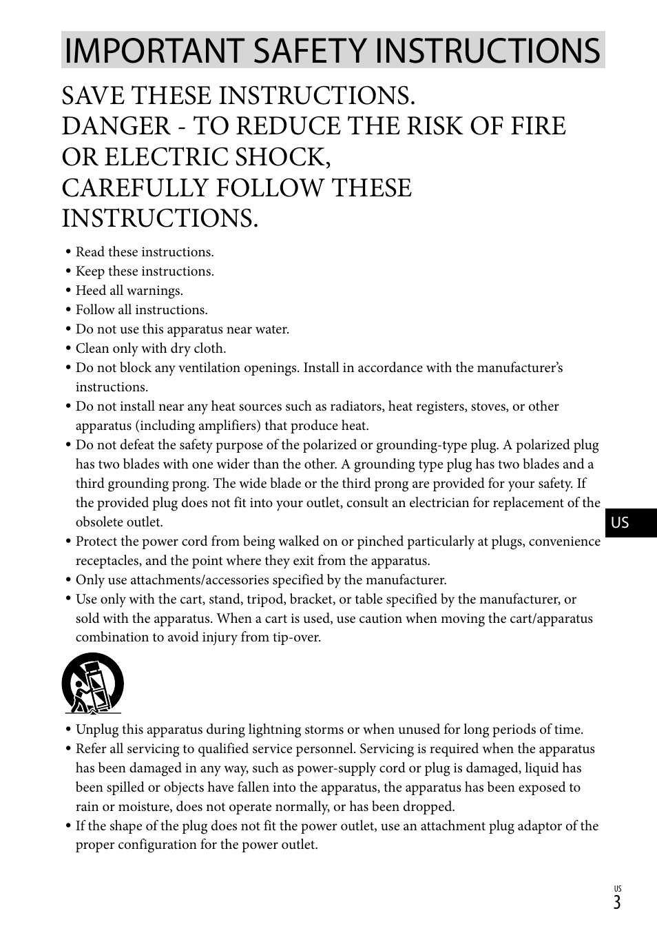Important safety instructions, Carefully follow these instructions | Sony DCR-SX83 User Manual | Page 3 / 124