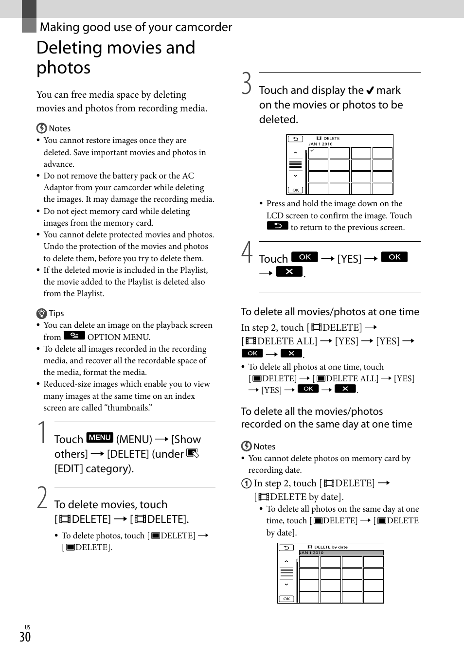 Making good use of your camcorder, Deleting movies and photos | Sony DCR-SX83 User Manual | Page 30 / 124