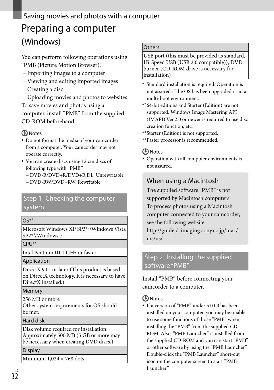 Saving movies and photos with a computer, Preparing a computer (windows), When using a macintosh | Preparing a computer, Windows), Step 1 checking the computer system, Step 2 installing the supplied software “pmb | Sony DCR-SX83 User Manual | Page 32 / 124