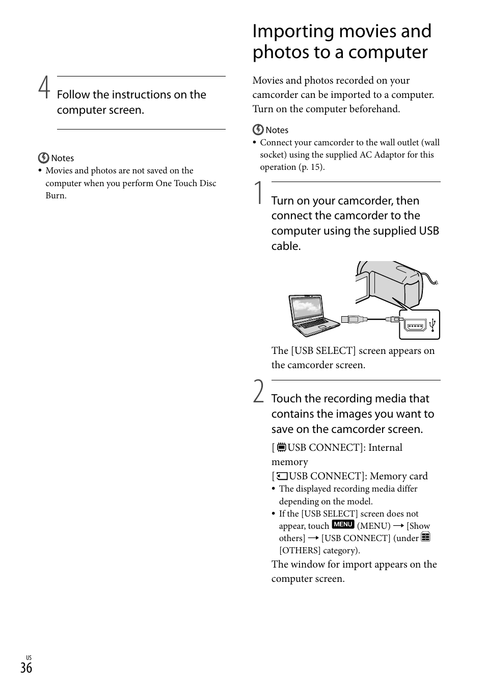 Importing movies and photos to a computer | Sony DCR-SX83 User Manual | Page 36 / 124