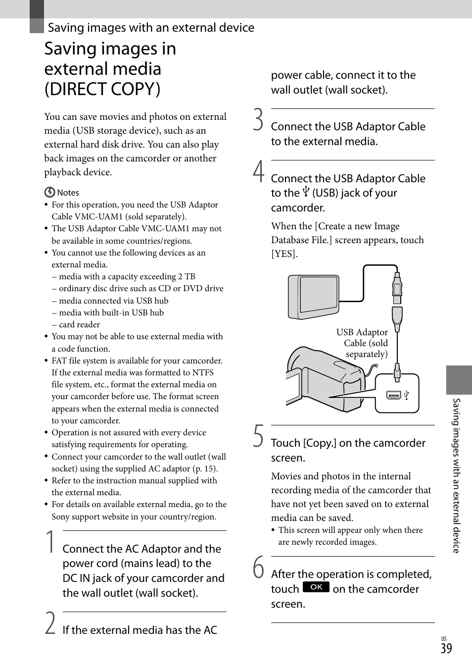 Saving images with an external device, Saving images in external media (direct copy) | Sony DCR-SX83 User Manual | Page 39 / 124