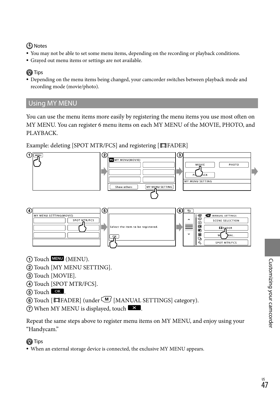 Using my menu | Sony DCR-SX83 User Manual | Page 47 / 124