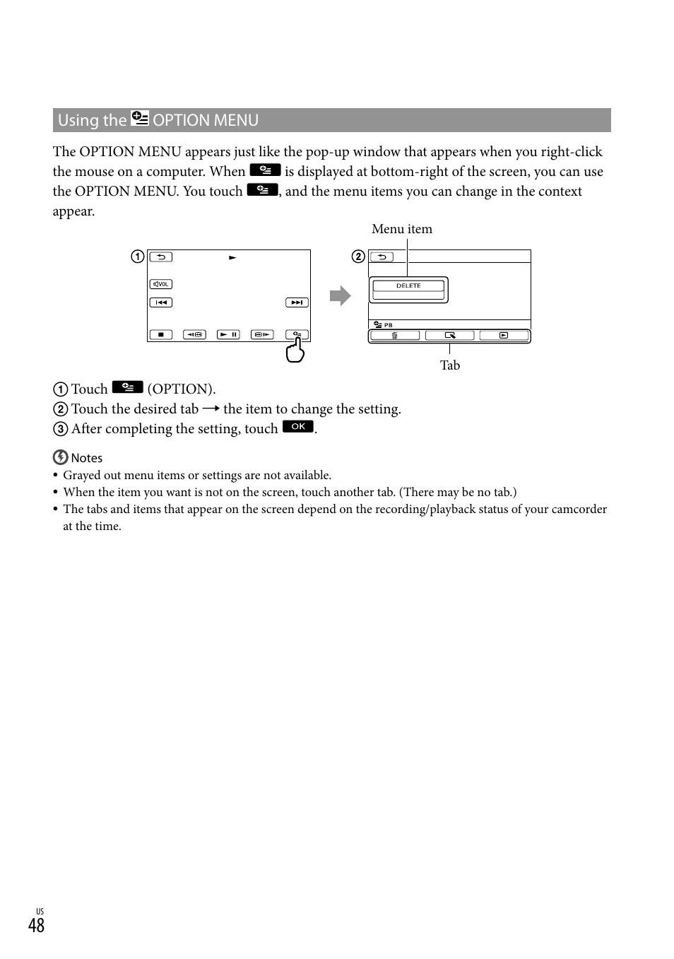 Using the option menu | Sony DCR-SX83 User Manual | Page 48 / 124