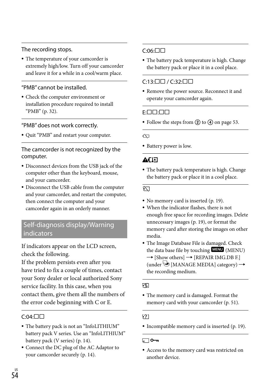 Self-diagnosis display/warning indicators | Sony DCR-SX83 User Manual | Page 54 / 124
