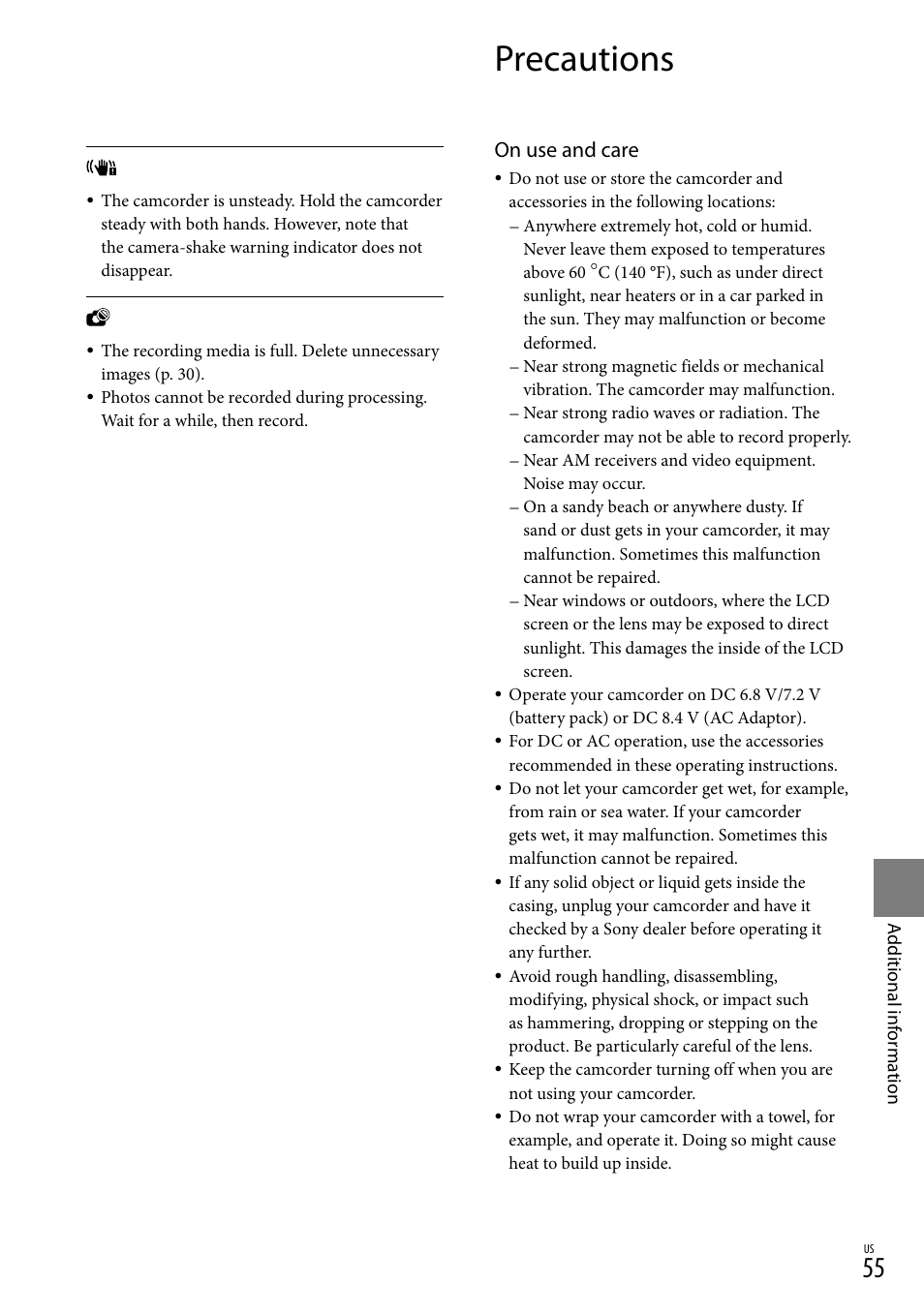 Precautions, O 55), and, On use and care | Sony DCR-SX83 User Manual | Page 55 / 124