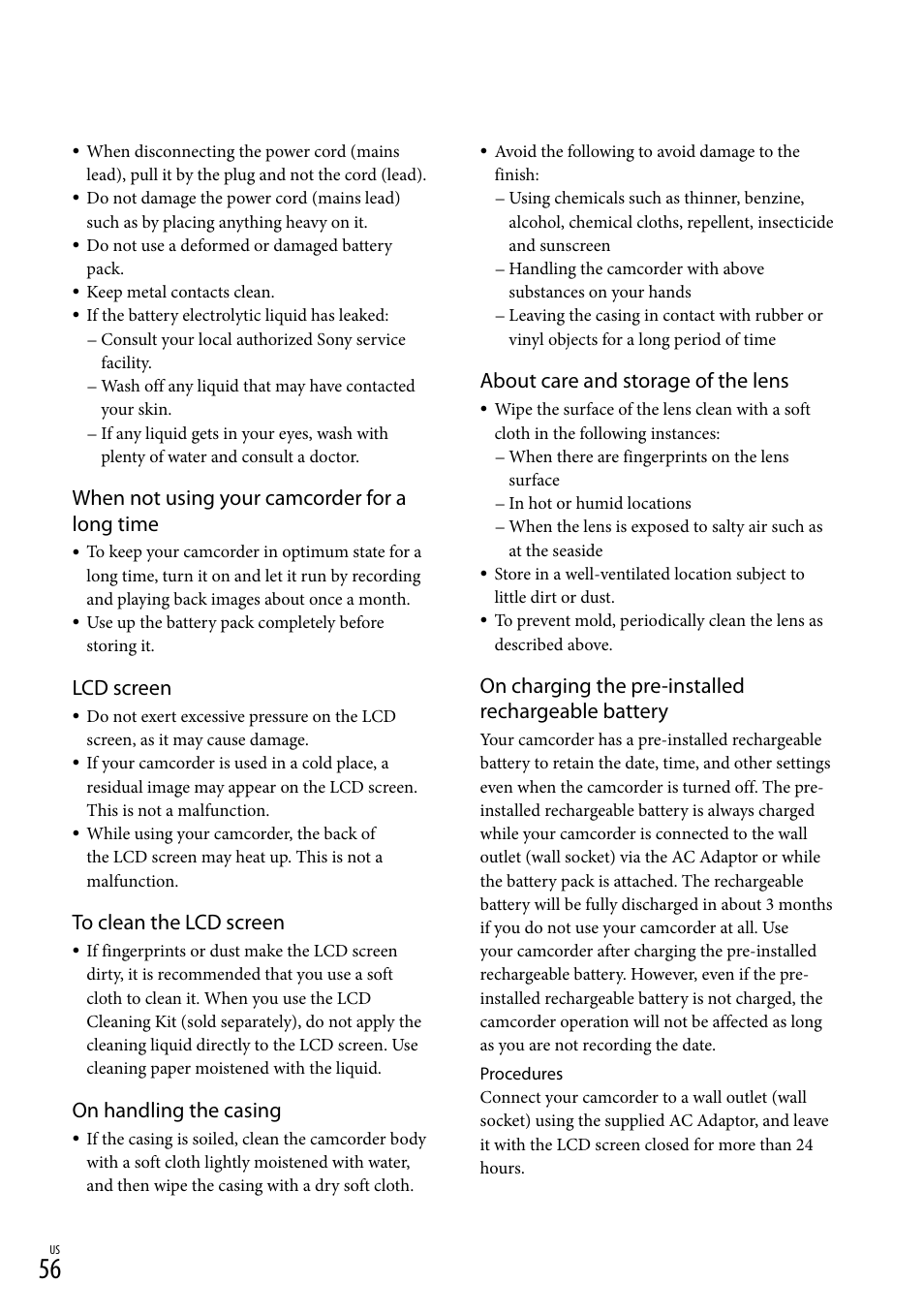 When not using your camcorder for a long time, Lcd screen, On handling the casing | About care and storage of the lens, On charging the pre-installed rechargeable battery | Sony DCR-SX83 User Manual | Page 56 / 124