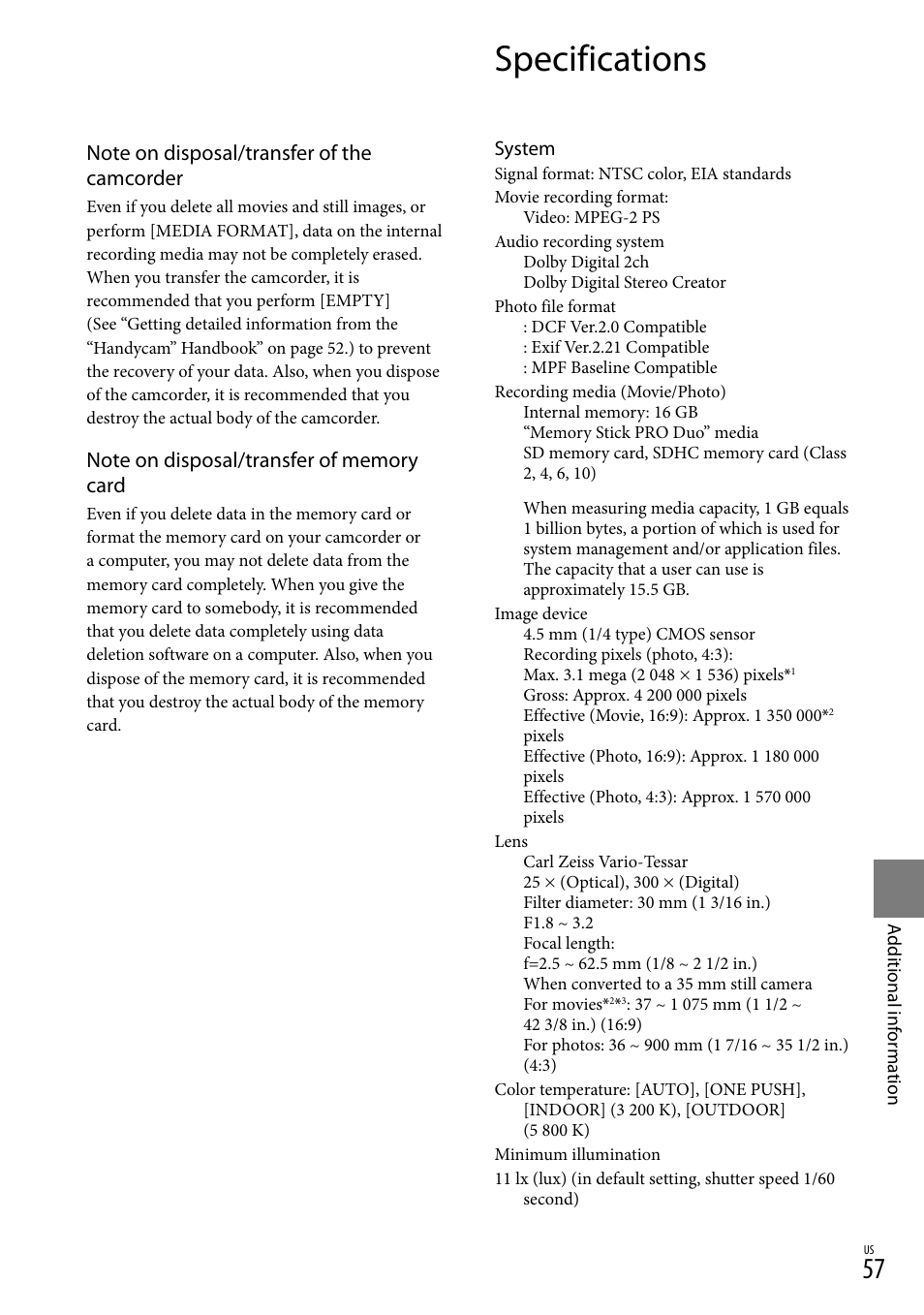 Specifications | Sony DCR-SX83 User Manual | Page 57 / 124