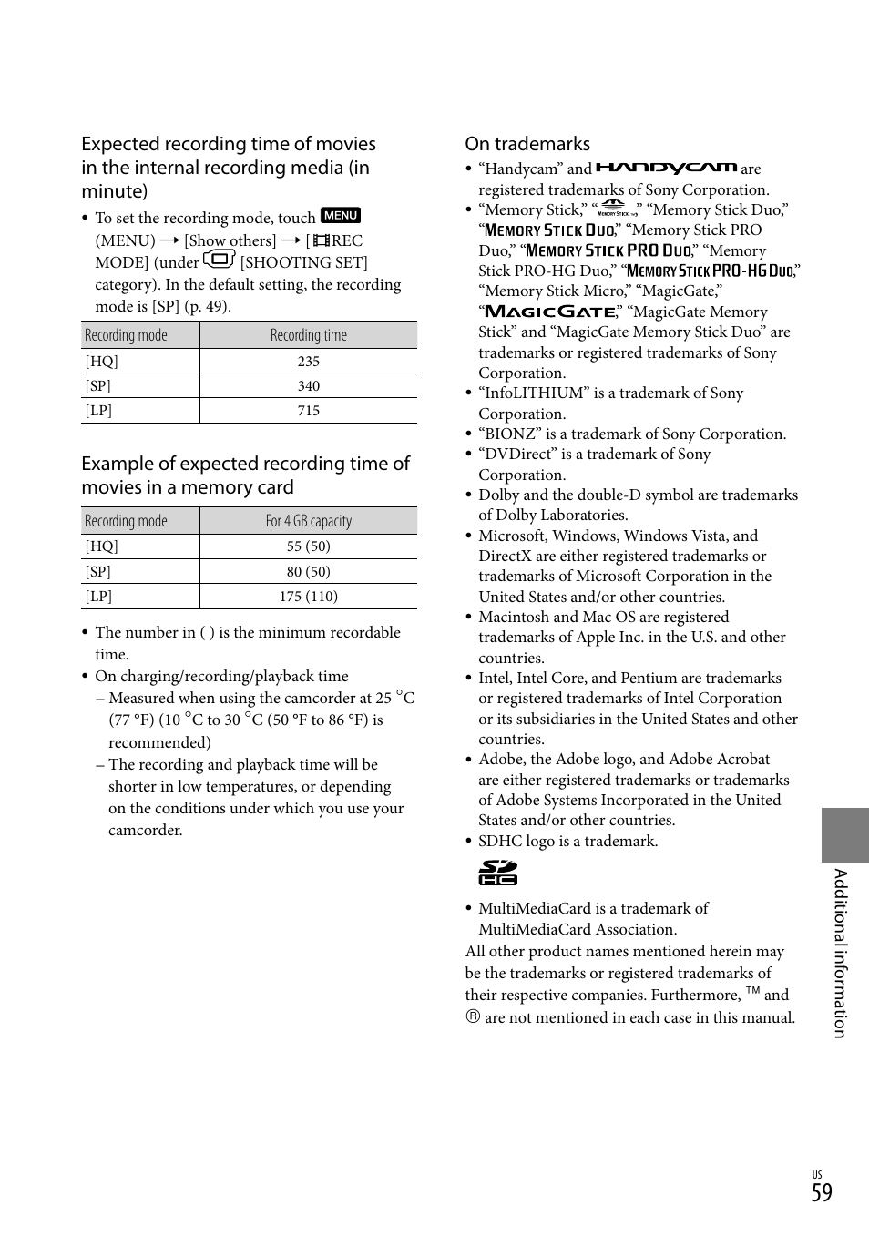E 59 o, On trademarks | Sony DCR-SX83 User Manual | Page 59 / 124