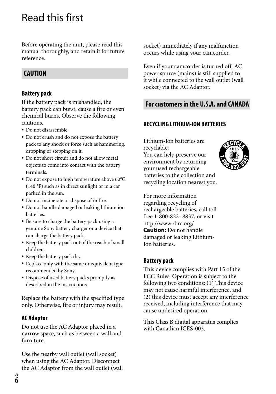 Read this first, Caution, For customers in the u.s.a. and canada | Sony DCR-SX83 User Manual | Page 6 / 124