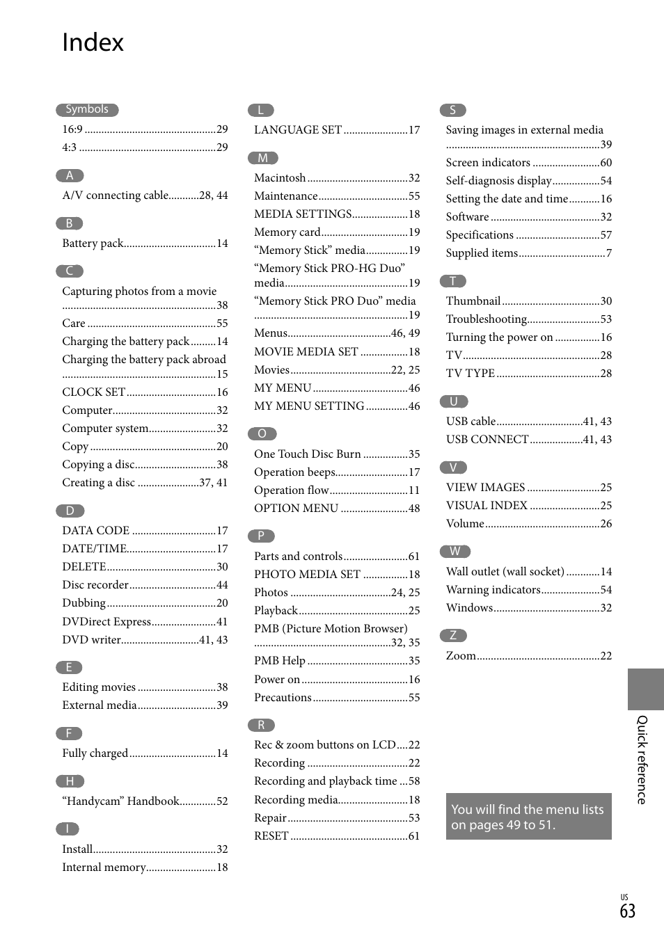 Index | Sony DCR-SX83 User Manual | Page 63 / 124
