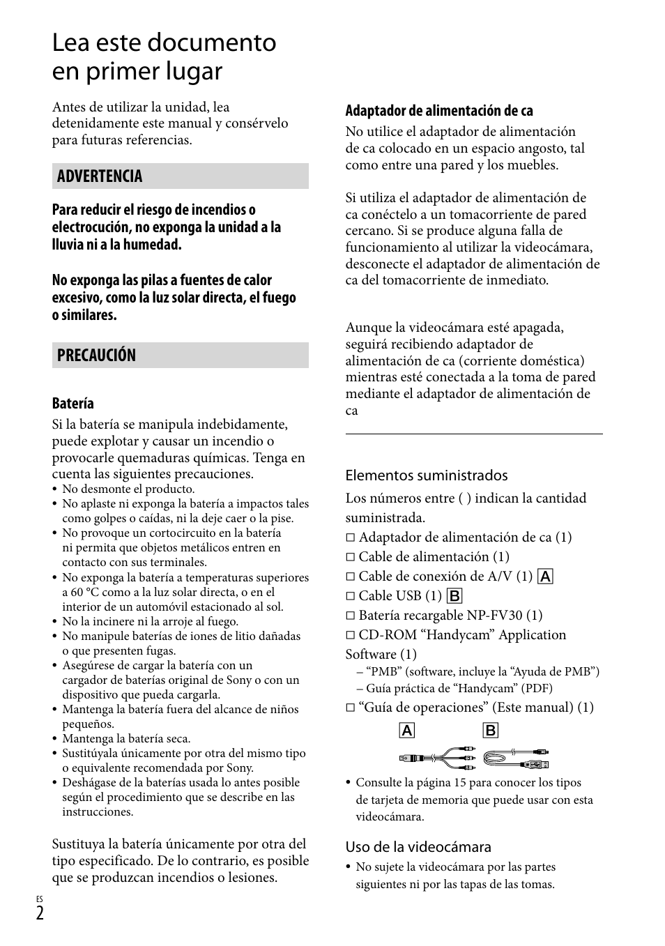 Lea este documento en primer lugar, Advertencia, Precaución | Batería, Adaptador de alimentación de ca | Sony DCR-SX83 User Manual | Page 64 / 124
