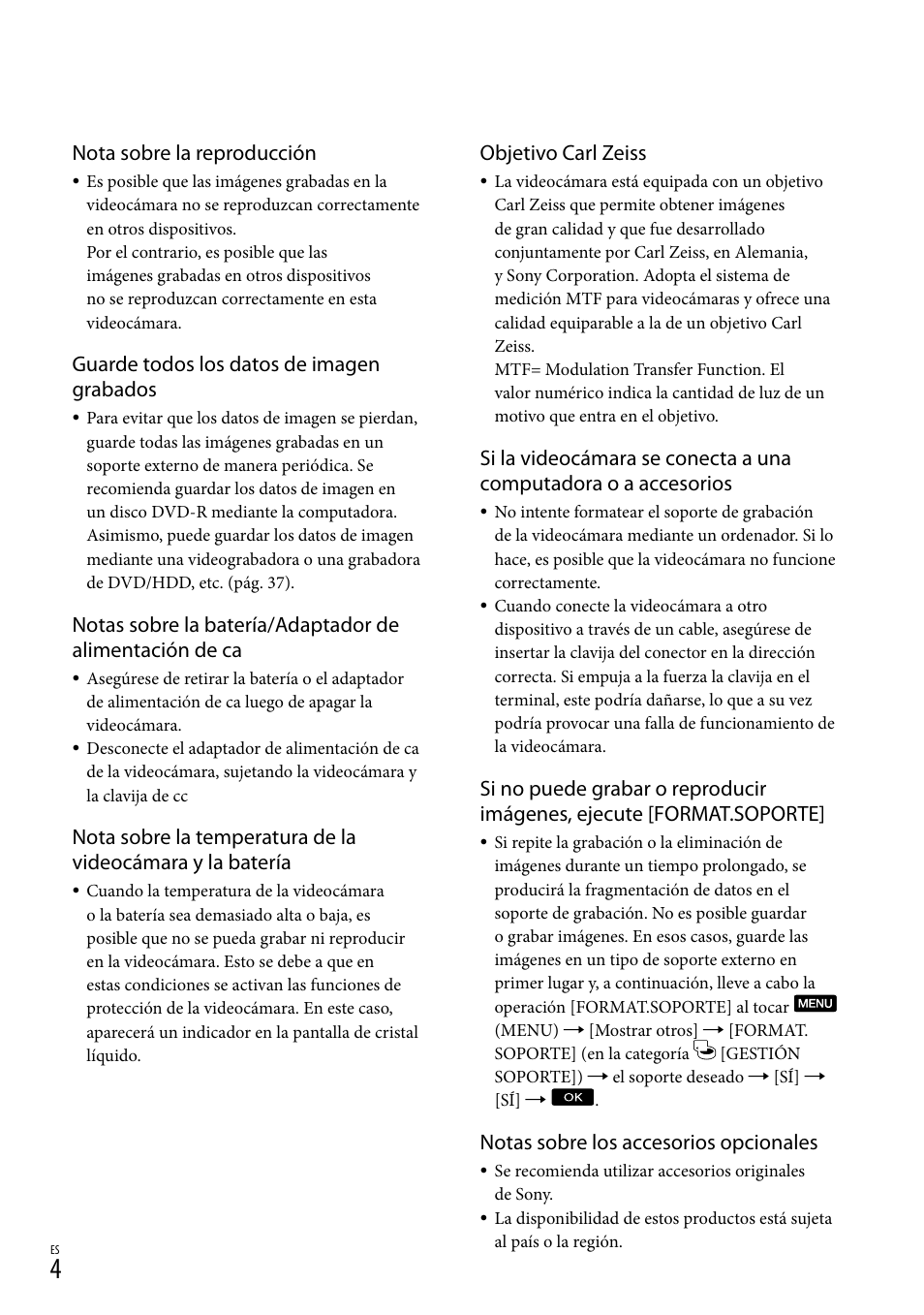Nota sobre la reproducción, Guarde todos los datos de imagen grabados, Objetivo carl zeiss | Notas sobre los accesorios opcionales | Sony DCR-SX83 User Manual | Page 66 / 124