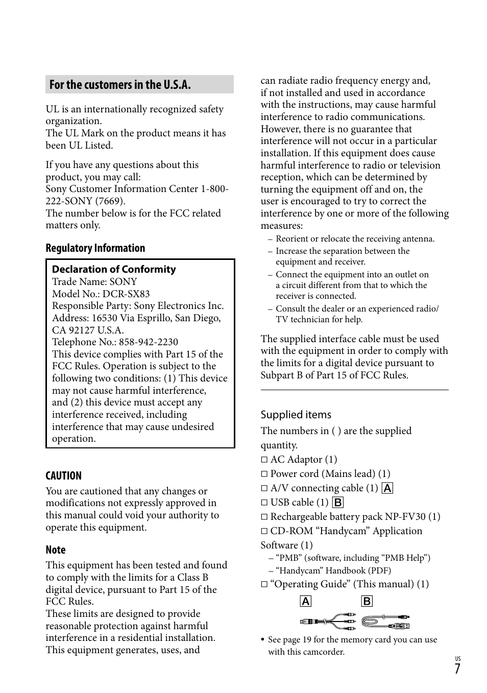 For the customers in the u.s.a | Sony DCR-SX83 User Manual | Page 7 / 124