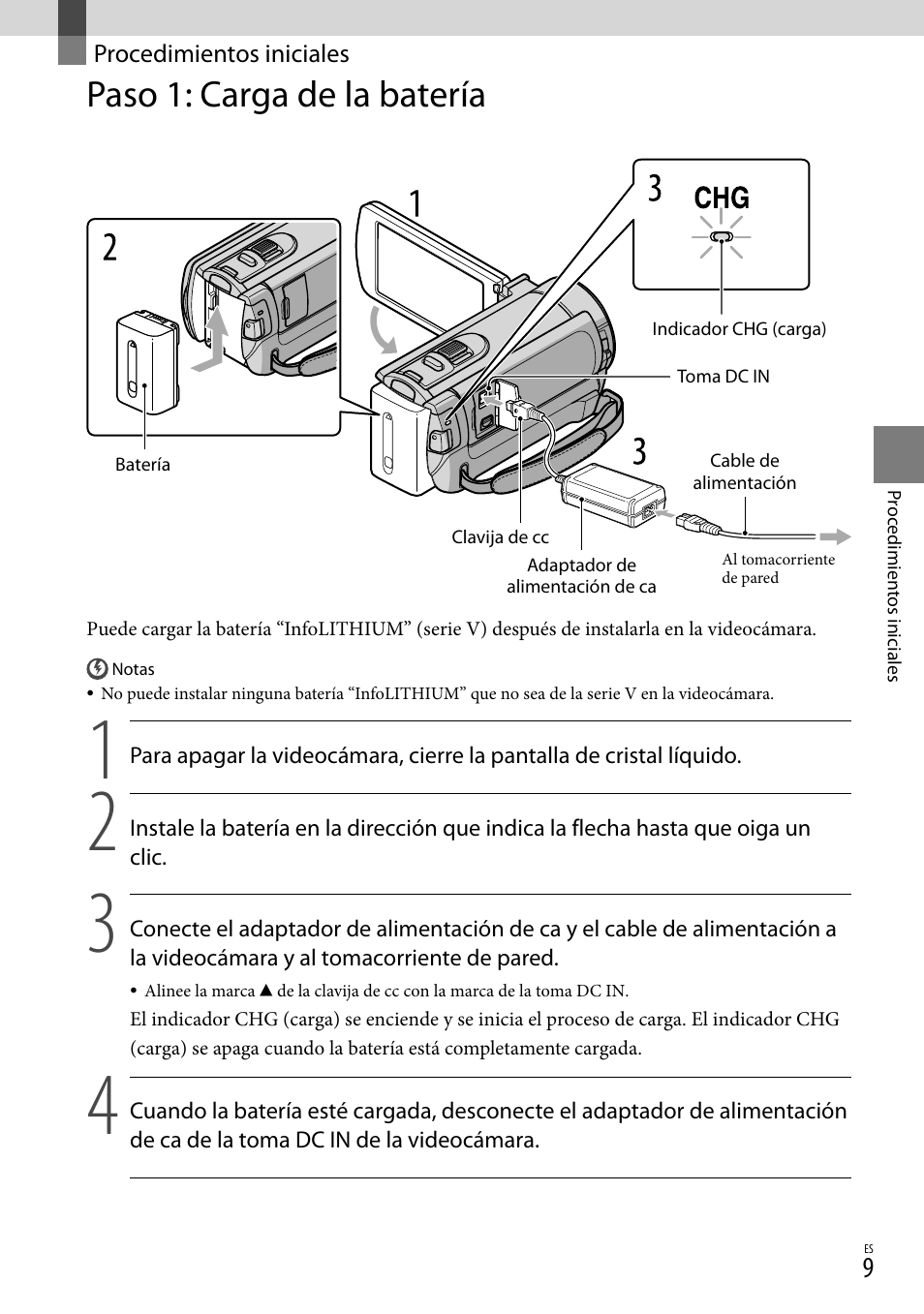 Procedimientos iniciales, Paso 1: carga de la batería | Sony DCR-SX83 User Manual | Page 71 / 124